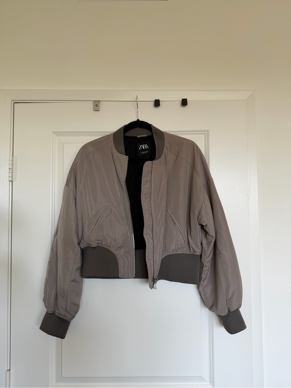 Zara Cropped Taupe Bomber Jacket with Dark Ribbed Trim